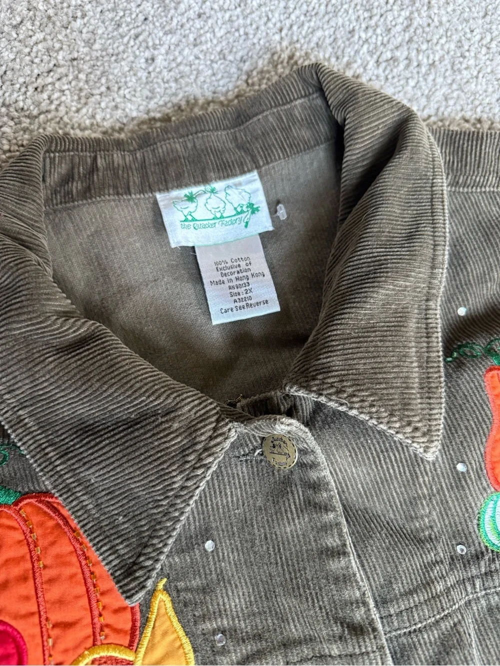 Vtg Quacker Factory Brown Corduroy Embroidered Thanksgiving Cornucopia Jacket 2X